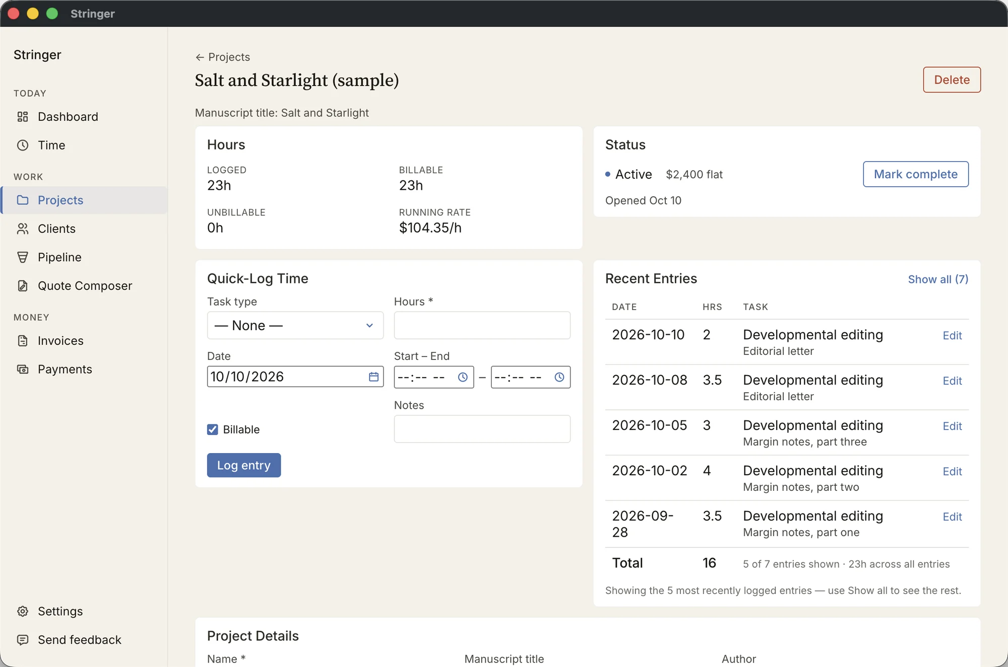 Stringer’s page for a flat-fee developmental edit: 23 hours logged, a running rate of $104.35 an hour, a form for logging time, and the most recent entries.